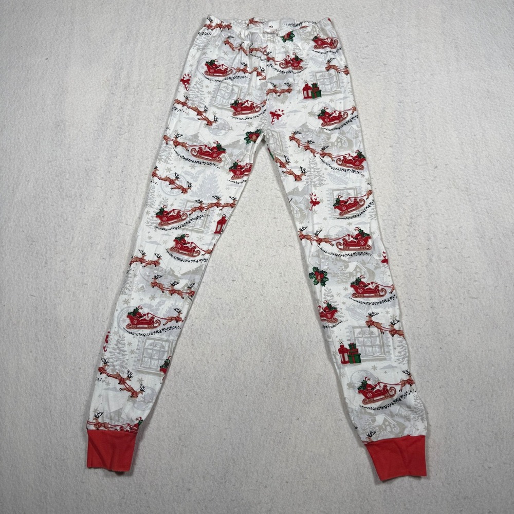 PJ Place Kids Santa Reindeer Christmas Pajama Pants White Red 100% Cotton Sz 14